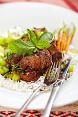 Image showing meat and vegetables on white plate