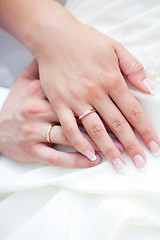 Image showing The bride and groom hands together