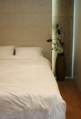 Image showing Double bed with white sheets and pillows