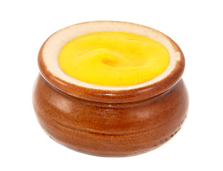 Image showing English or American mustard served in a small ceramic pot