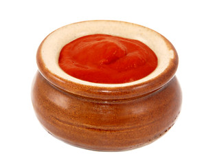 Image showing Tomato ketchup served in a small ceramic pot