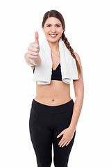 Image showing  Fitness lady showing success gesture