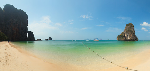 Image showing Panorama of tropical beach with rocks. Thailand, Krabi, Railay