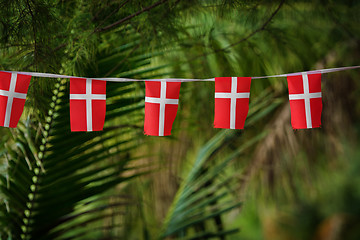 Image showing Small Danish flags decorate tropical palms in Thailand