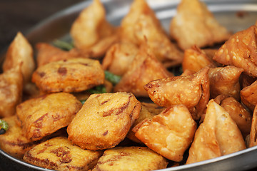 Image showing Traditional Indian dish samosa on the open market