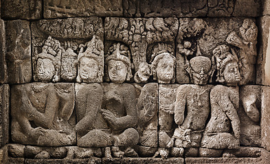 Image showing Buddhist carved relief at medieval Borobudur temple on Java, Ind