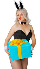 Image showing Beautiful girl dressed as a rabbit with a gift box