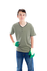 Image showing Young gardener with gloves