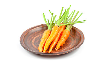 Image showing carrot vegetable with leaves in brown plate