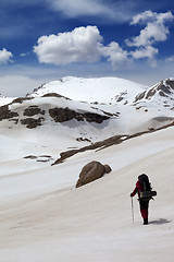 Image showing Hiker in snow mountains