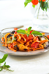 Image showing Fettucine with grilled vegetables and tomato sauce 