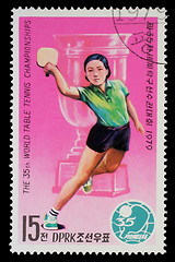 Image showing Stamp printed by North Korea shows ping-pong players