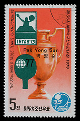 Image showing Stamp printed by North Korea shows World table tenis championship in Pyongyang