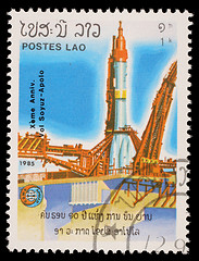 Image showing Stamp printed in the Laos, is pictured launching the spacecraft Apollo Program Apollo-Soyuz