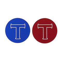 Image showing Blue and red coin with the letter T 
