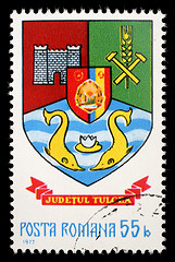 Image showing Stamp printed in Romania, shows coat of arms of Tulcea County