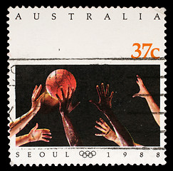 Image showing Stamp printed in Australia shows Basketball on the Olympic games in Seoul