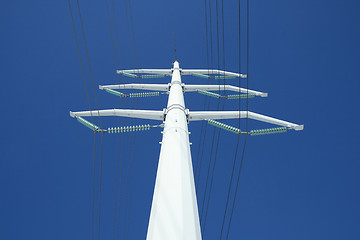 Image showing White electricity pylon and the blue sky