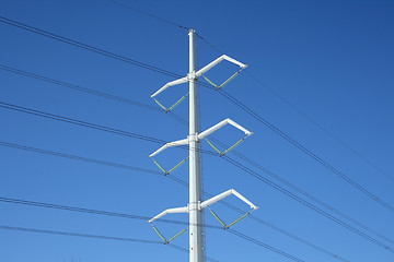 Image showing White electricity pylon and power lines