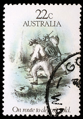 Image showing Stamp printed in Australia dedicated to the gold rush era, shows on route to deposit gold