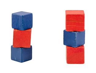 Image showing red blue color toy log blocks stand on white 