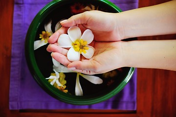 Image showing female hand and flower in water