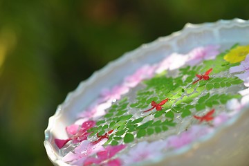 Image showing water cup with beautiful flowers background