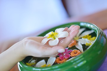 Image showing female hand and flower in water