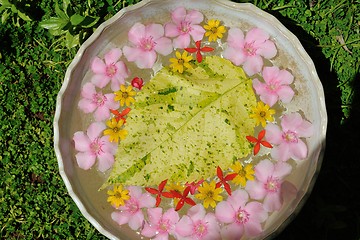 Image showing water cup with beautiful flowers background