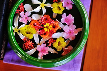 Image showing water cup with beautiful flowers background