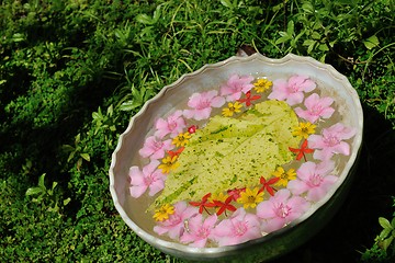 Image showing water cup with beautiful flowers background