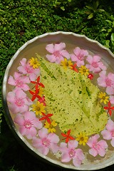 Image showing water cup with beautiful flowers background