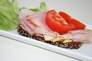 Image showing Dark bread with honey ham