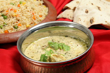 Image showing Fish curry with rice and chappatis
