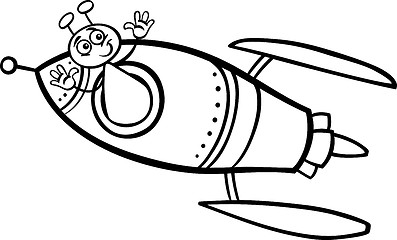 Image showing alien in rocket cartoon coloring page