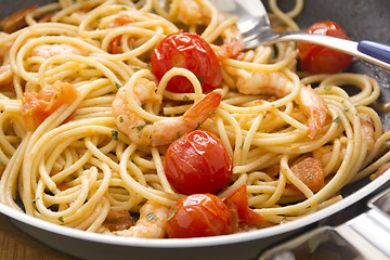 Image showing Shrimps And Spaghetti In Pan