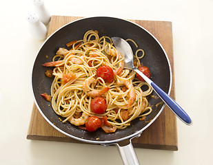 Image showing Shrimps And Spaghetti In Pan