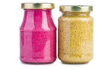 Image showing Glass jars with mustard horseradish sauce