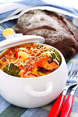 Image showing Pasta and vegetables baked with cheese.