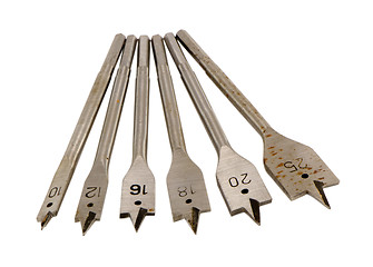 Image showing special various size wood drill bits isolated 