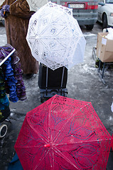 Image showing crochet tatting handmade umbrella sell market fair 