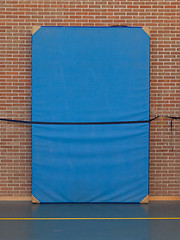 Image showing Large blue mat strapped to a brick wall