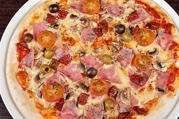 Image showing pizza with ham and mushrooms