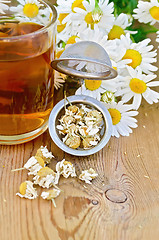 Image showing Herbal tea from chamomile dry in a strainer with mug