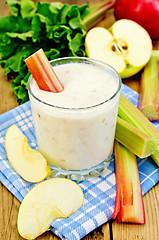 Image showing Milk cocktail with rhubarb and apples on the board