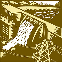Image showing Hydroelectric Hydro Energy Dam Woodcut