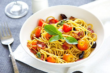 Image showing Spaghetti with bacon and dried chilli