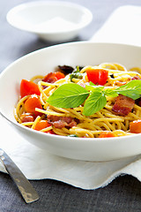 Image showing Spaghetti with bacon and dried chilli