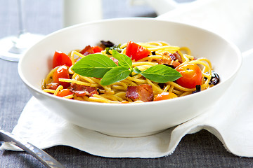 Image showing Spaghetti with bacon and dried chilli