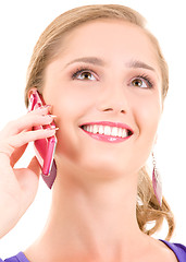 Image showing happy girl with pink phone